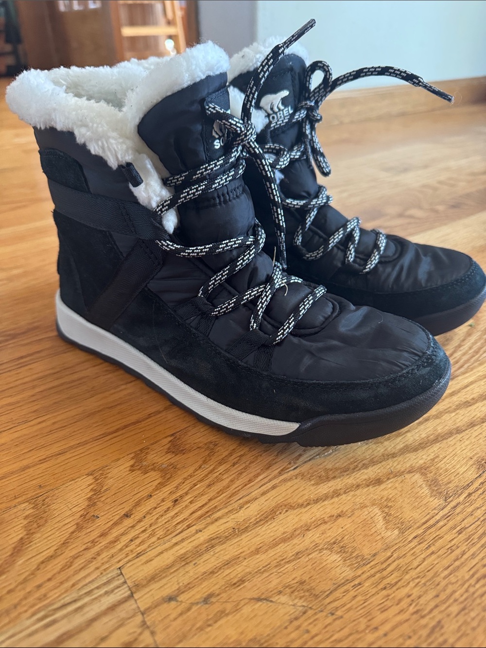 Sorel Black and White Lace-Up Winter Boots with Sherpa Collar 8